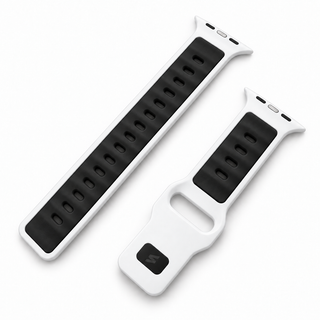 Apple Watch band Pulse Polar White by Suritt in white and black FKM, laid flat with a gold Apple Watch.