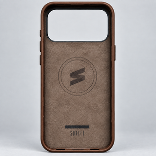 Tanner brown leather iPhone case, straight-on view of the interior
