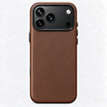 Tanner brown genuine leather iPhone case showing the patina that develops with use