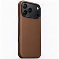 Tanner brown leather iPhone case with metal buttons, rear three-quarter view